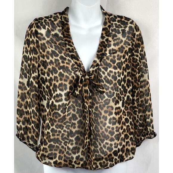 Spoiled Tops - Spoiled chiffon Top M Brown Leopard plunge V-Neck Bow Accent Retro Glam Y2K punk